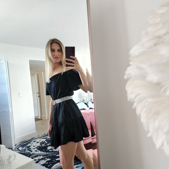 BANANA REPUBLIC BLACK OFF THE SHOULDER RUFFLE DRESS XS Petite - Picture 6 of 7